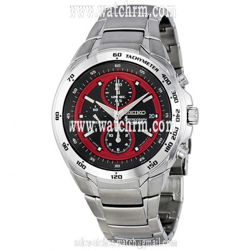 Seiko Black and Red Dial Chronograph Stainless Steel Men's Watch SND701