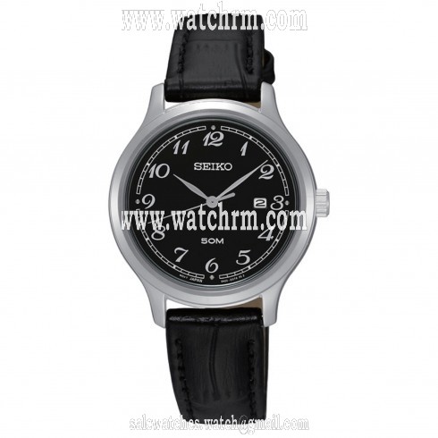 Seiko Black Dial Black Leather Ladies Watch SUR773