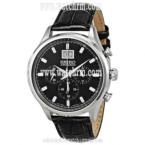 Seiko Black Dial Chronograph Black Leather Men's Watch SPC083P2