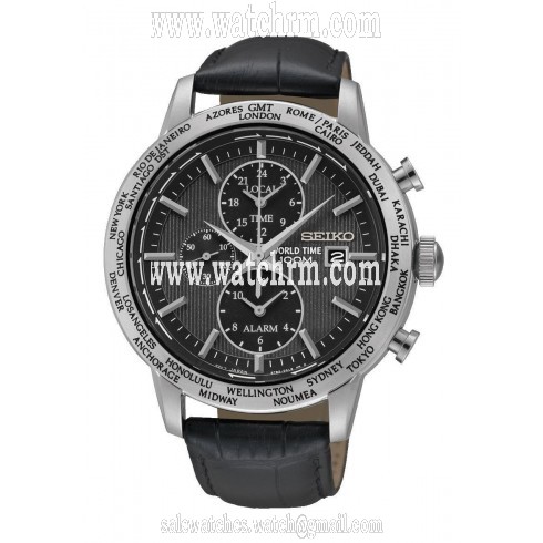 Seiko Black Dial Chronograph Black Leather Men's Watch SPL049P2