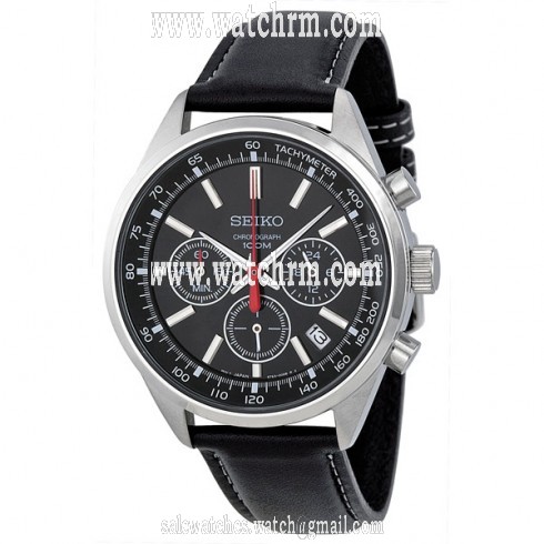 Seiko Black Dial Chronograph Leather Strap Men's Watch SSB037P2