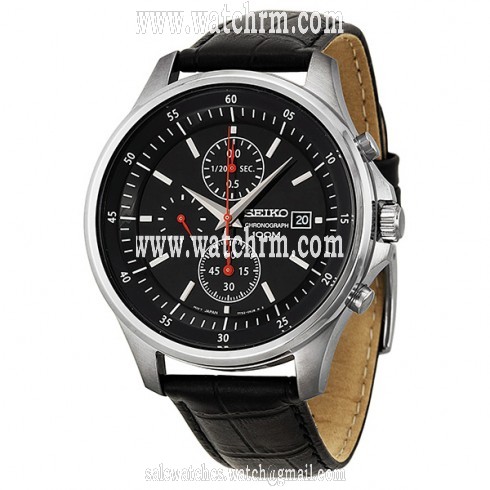 Seiko Black Dial Chronograph Stainless Steel Black Leather Men's Watch SNDE29