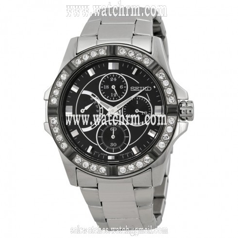 Seiko Black Dial Chronograph Stainless Steel Crystal Trim Bezel Ladies Watch SRLZ93
