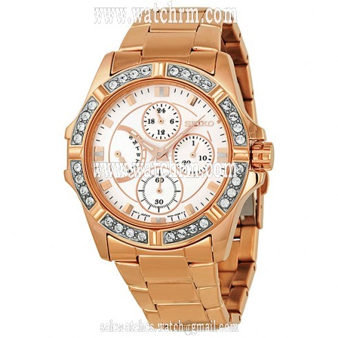 Seiko Champagne Dial Rose Gold-tone Stainless Steel Crystal Trim Bezel Ladies Watch SRLZ94