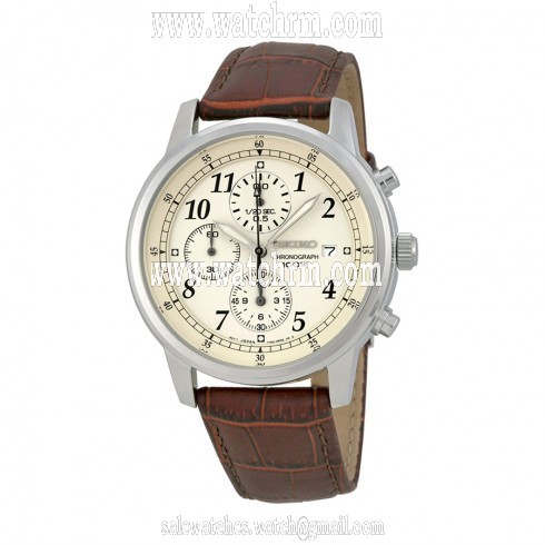 Seiko Chronograph Beige Dial Brown Leather Men's Watch SNDC31