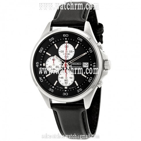 Seiko Chronograph Black Dial Black Leather Men's Watch SKS485