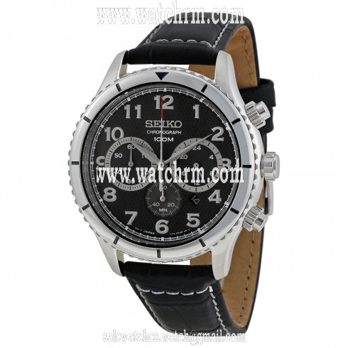 Seiko Chronograph Black Dial Black Leather Men's Watch SRW037P2