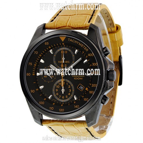 Seiko Chronograph Black Dial Black PVD Tan Leather Men's Watch SNDD69
