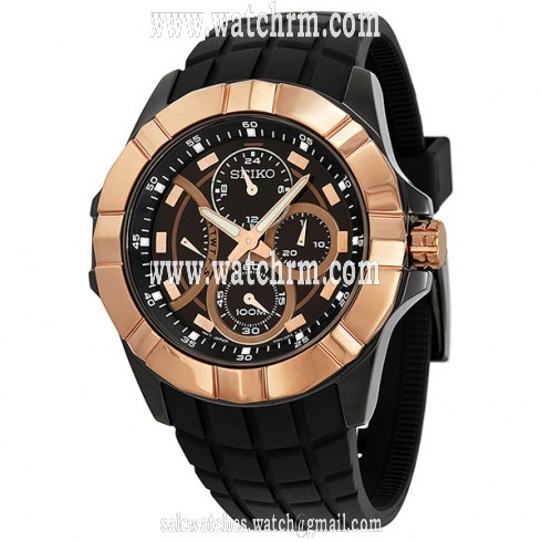 Seiko Chronograph Black Dial Rose Gold-Tone Stainless Steel Men's Watch SRL072