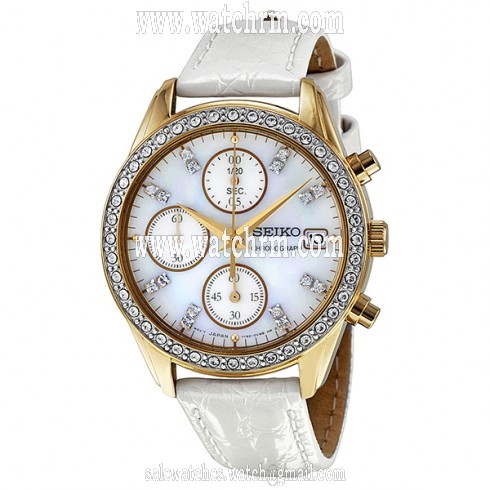 Seiko Chronograph Mother of Pearl White Leather Strap Ladies Watch SNDX74