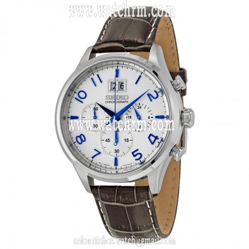 Seiko Chronograph White Dial Brown Leather Men's Watch SPC155
