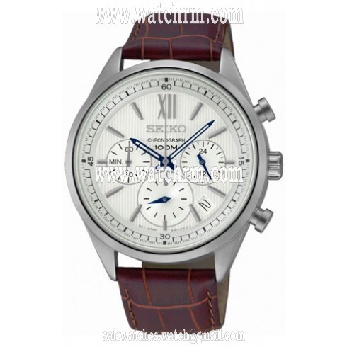 Seiko Chronograph White Dial Brown Leather Men's Watch SSB157