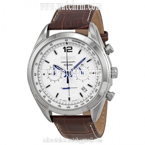 Seiko Chronograph White Dial Stainless Steel Brown Leather Men's Watch SSB095