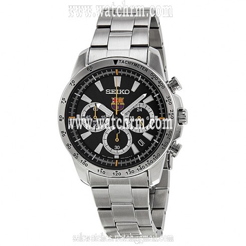 Seiko FC Barcelona Black Dial Stainless Steel Chronograph Men's Watch SSB073