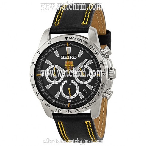 Seiko FC Barcelona Chronograph Black Dial Black Leather Men's Watch SSB073P2