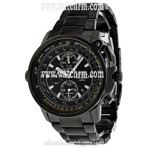 Seiko Flight Master Chronograph Black Dial Black PVD Stainless Steel Men's Watch SNAB69
