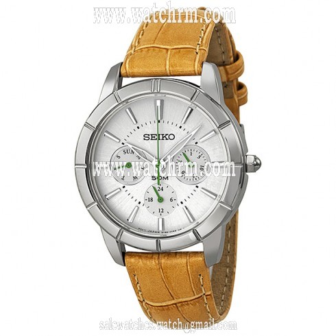 Seiko GMT Silver Dial Stainless Steel Tan Leather Ladies Watch SKY717P2