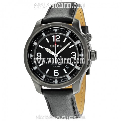 Seiko Kinetic Black Dial Black Leather Men's Watch SKA709