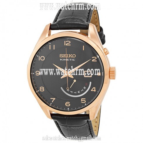 Seiko Kinetic Black Dial Rose Gold-tone Black Leather Men's Watch SRN054