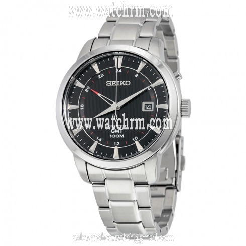 Seiko Kinetic GMT Black Dial Black Leather Men's Watch SUN033