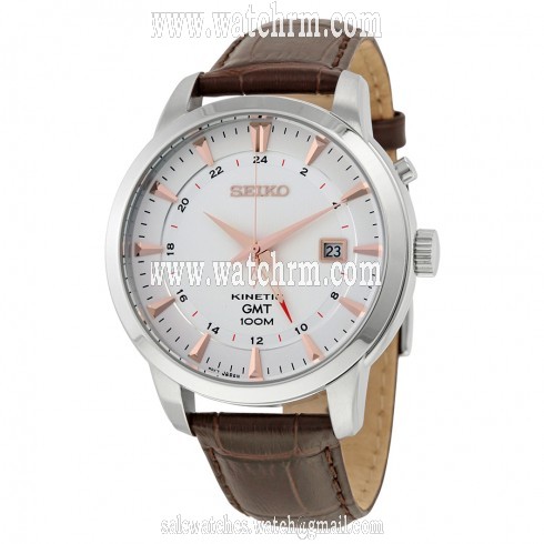 Seiko Kinetic GMT Tan Dial Brown Leather Men's Watch SUN035