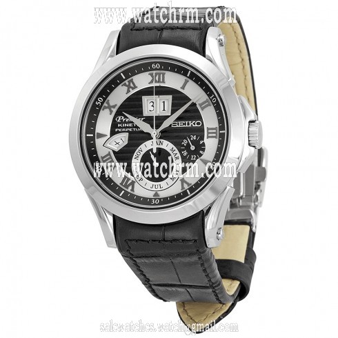 Seiko Kinetic Premier Perpetual Black and Silver Dial Black Leather Men's Watch SNP061
