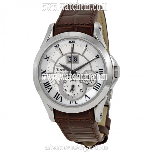Seiko Kinetic Premier Silver Dial Brown Leather Strap Men's Watch SNP0