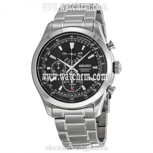 Seiko Neo Classic Alarm Perpetual Black Dial Stainless Steel Men's Watch SPC125