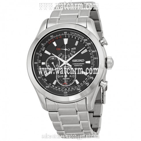Seiko Neo Classic Alarm Perpetual Black Dial Stainless Steel Men's Watch SPC127