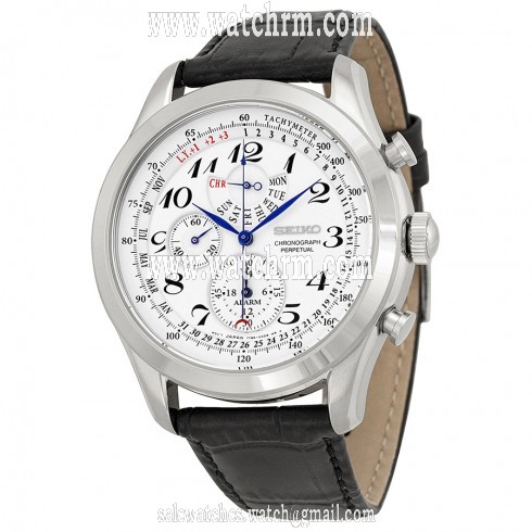 Seiko Neo Classic Alarm Perpetual Chronograph White Dial Black Leather Men's Watch SPC131