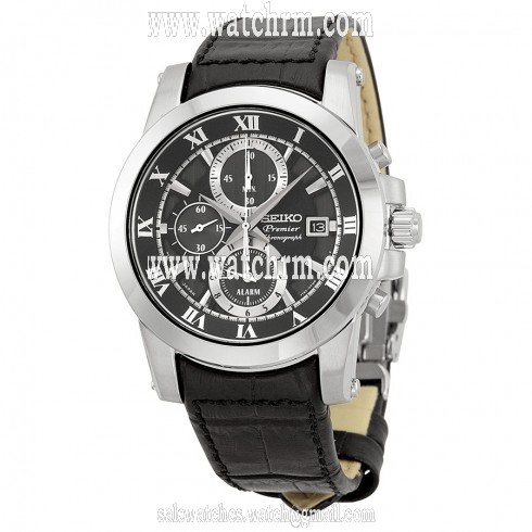 Seiko Premier Chronograph Black Dial Stainless Steel Black Leather Men's Watch SNAF31P2