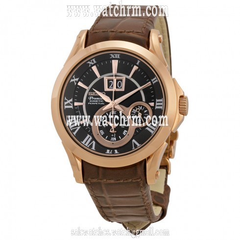 Seiko Premier Kinetic Perpetual Calendar  Chronograph Black Dial Brown Leather Men's Watch SNP038