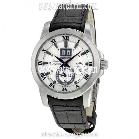 Seiko Premier Kinetic White Dial Grey Leather Men's Watch SNP115