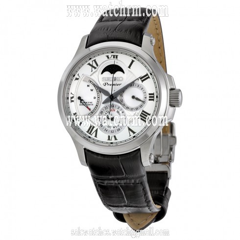 Seiko Premier Silver Dial Black Leather Stainless Steel Case Automatic Men's Watch SRX007