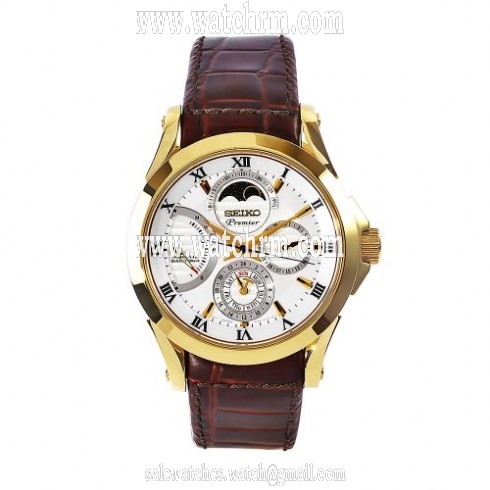 Seiko Premier White Dial Brown Leather Band Gold Stainless Steel Automatic Men's Watch SRX004