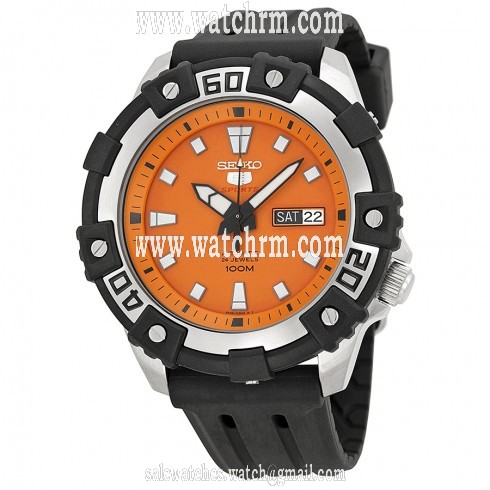 Seiko Series 5 Automatic Orange Dial Black Rubber Mend Watch SRP473