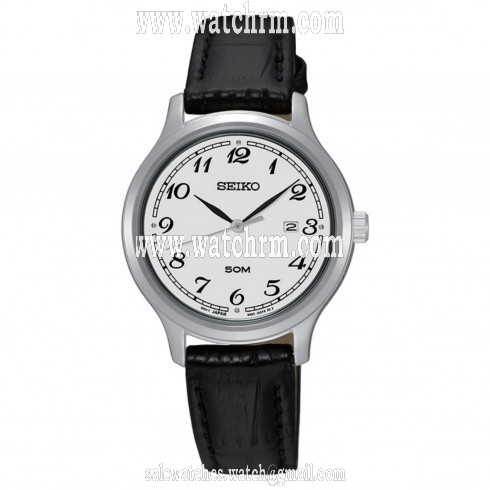 Seiko Silver Dial Black Leather Ladies Watch SUR775