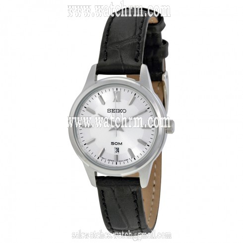 Seiko Silver Dial Black Leather Ladies Watch SUR891