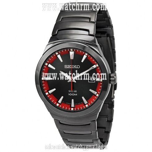 Seiko Solar Black and Red Dial Grey PVD Stainless Steel Men's Watch SNE251
