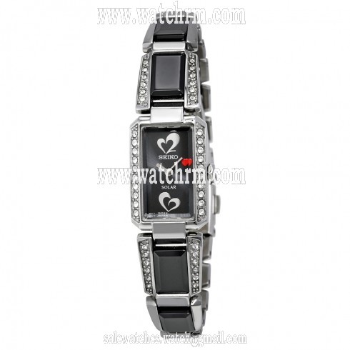 Seiko Solar Black Dial Black Ceramic And Stainless Steel With Diamonds Ladies Watch SUP187