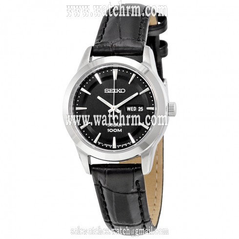 Seiko Black Dial Black Crocodile Leather Quartz Ladies Watch SUT161P2S