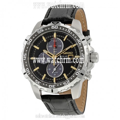 Seiko Solar Chronograph Black Dial Black Leather Men's Watch SSC303