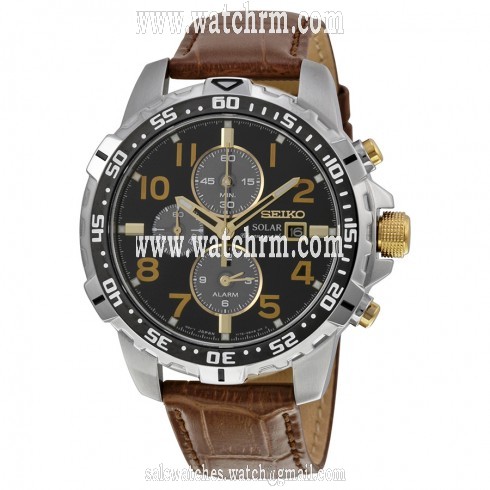 Seiko Solar Chronograph Black Dial Brown Leather Men's Watch SSC309