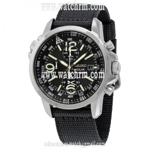 Seiko Solar Chronograph Black Dial Stainless Steel Black Nylon Men's Watch SSC135