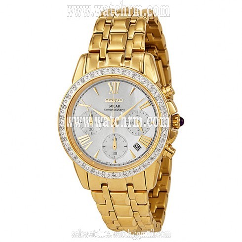 Seiko Solar Chronograph Mother of Pearl Dial Gold-tone Ladies Watch SSC890