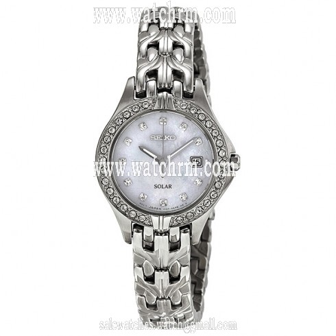 Seiko Solar Mother of Pearl Dial Crystal Bezel Stainless Steel Ladies Watch SUT083
