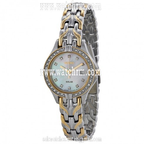 Seiko Solar Mother of Pearl Dial Crystal Bezel Two-tone Ladies Watch SUT084