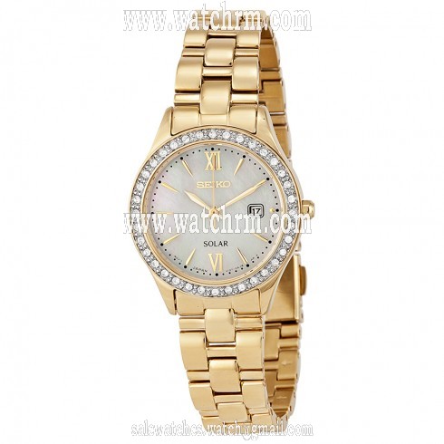 Seiko Solar Mother Of Pearl Dial Gold-Tone Stainless Steel Ladies Watch SUT076