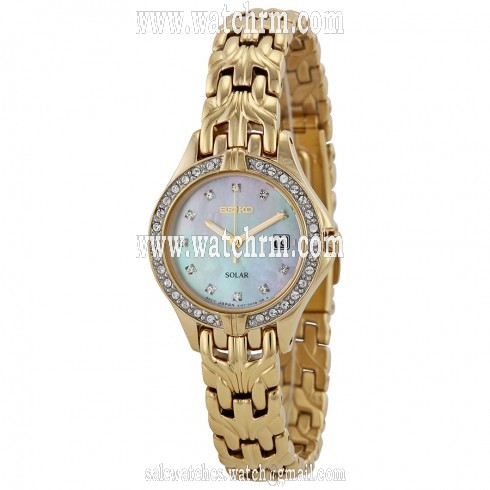 Seiko Solar Mother of Pearl Swarovski Crystal Bezel Gold-tone Ladies Watch SUT086