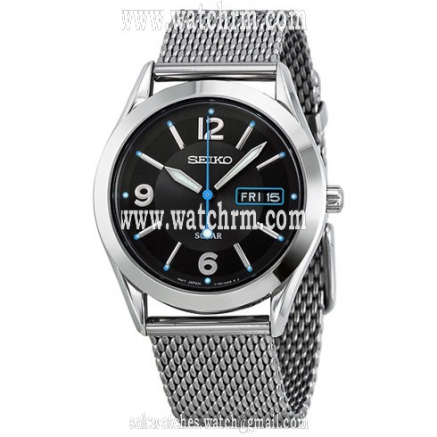 Seiko Solar Quartz Black Dial Stainless Steel Mesh Men's Watch SNE233